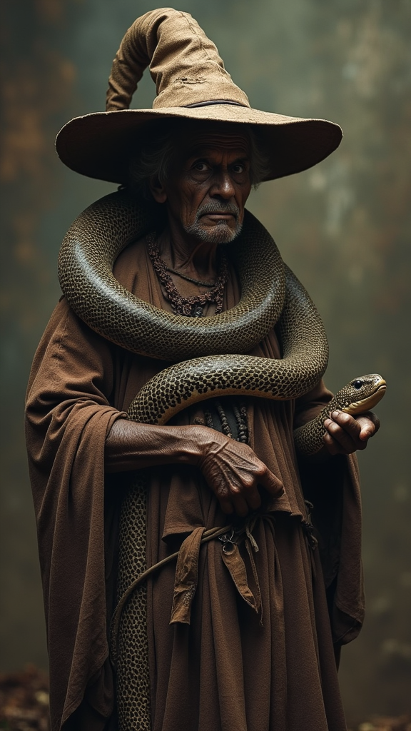 An old African witch with snakes.