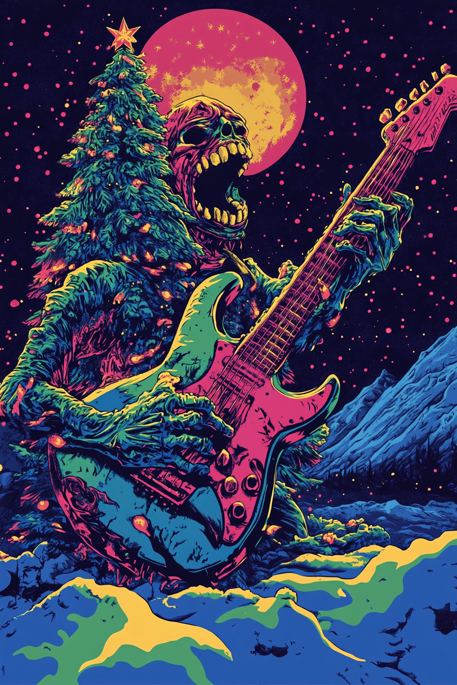 An old Christmas illustration with synthwave style.