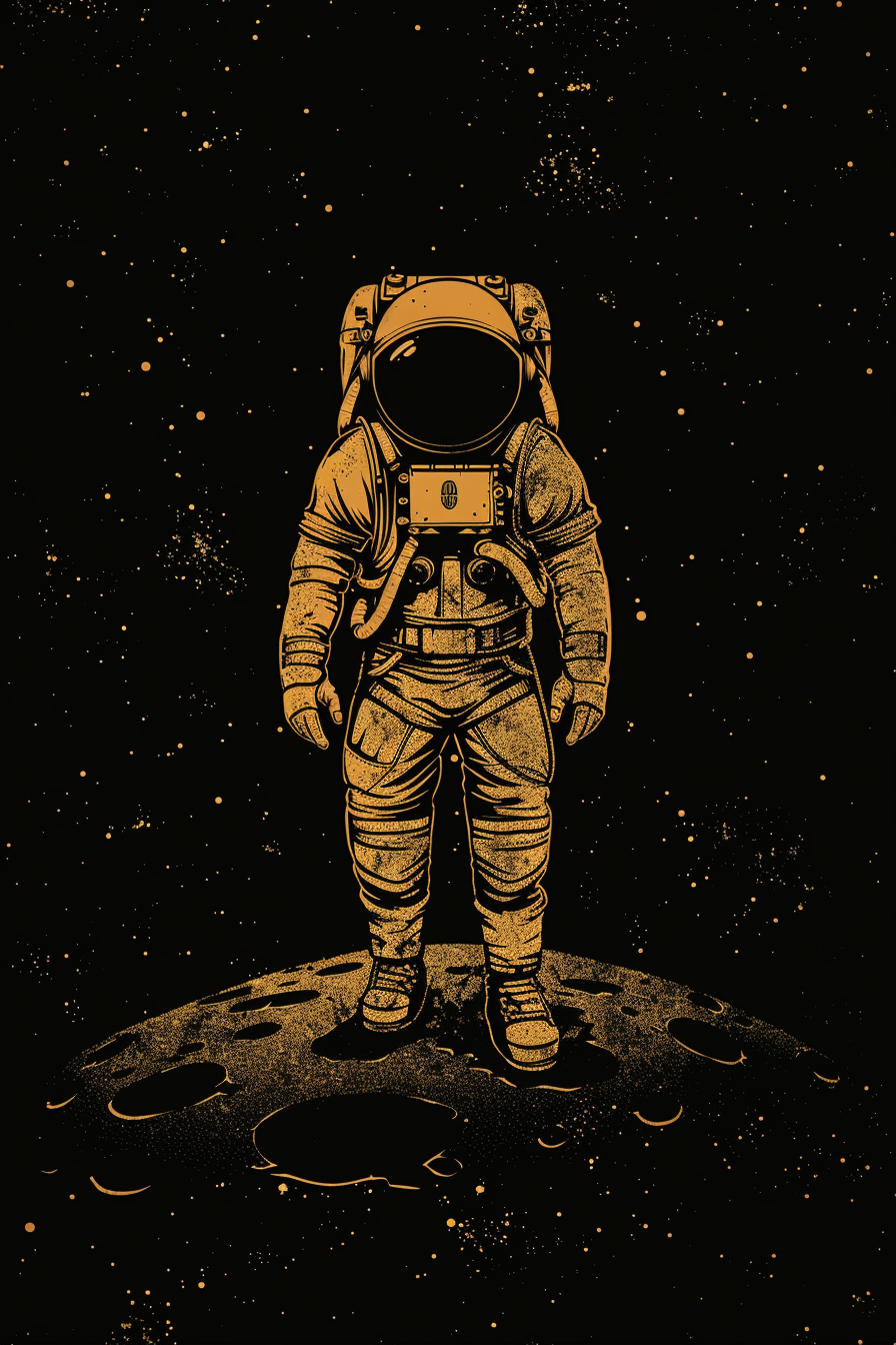 An old astronaut stands on Mars, surreal graphic.