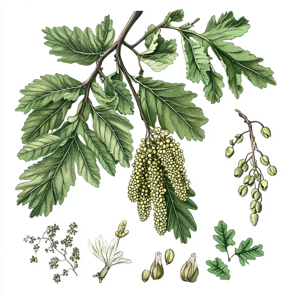 An old drawing of oak tree with green leaves