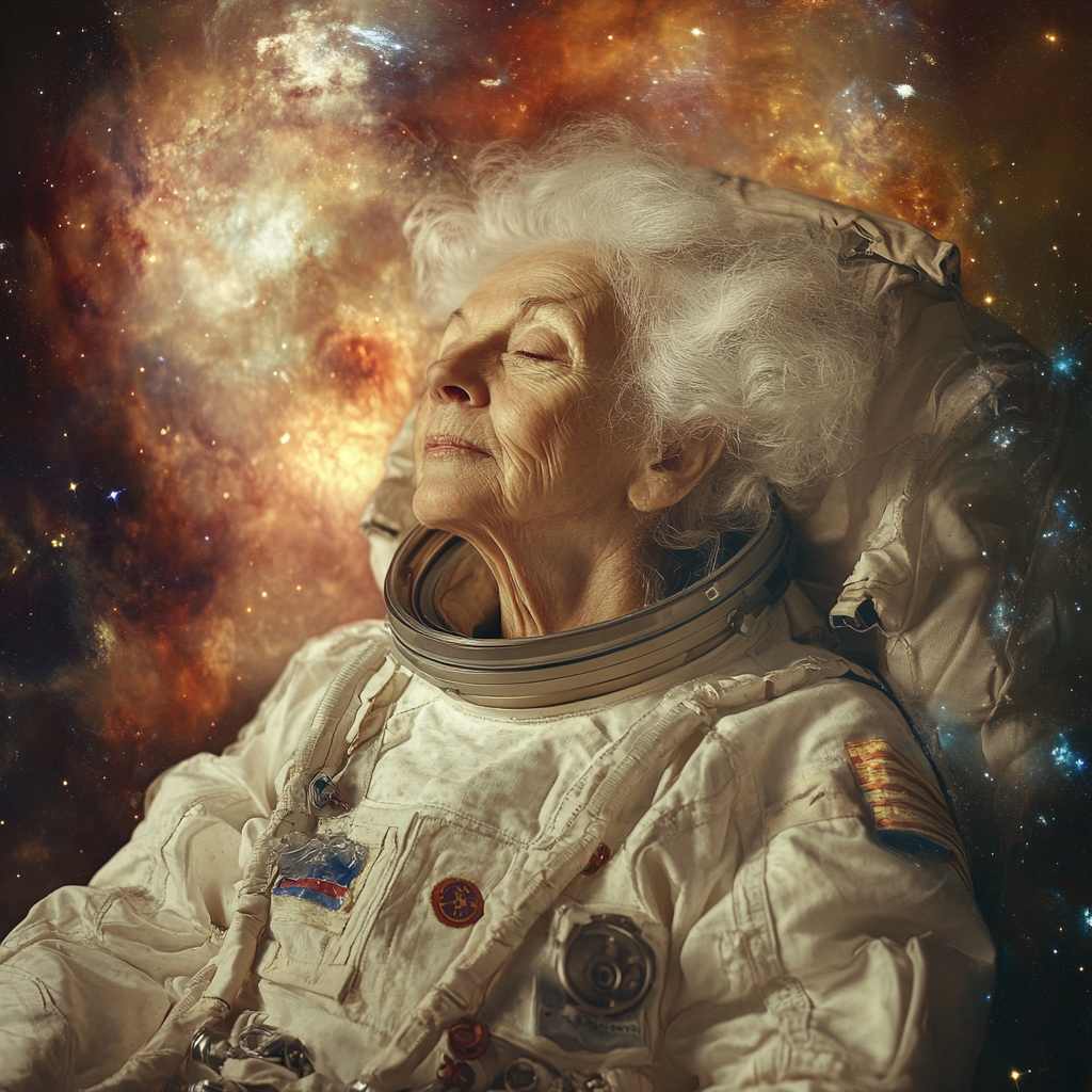 An old lady in astronaut suit exploring space