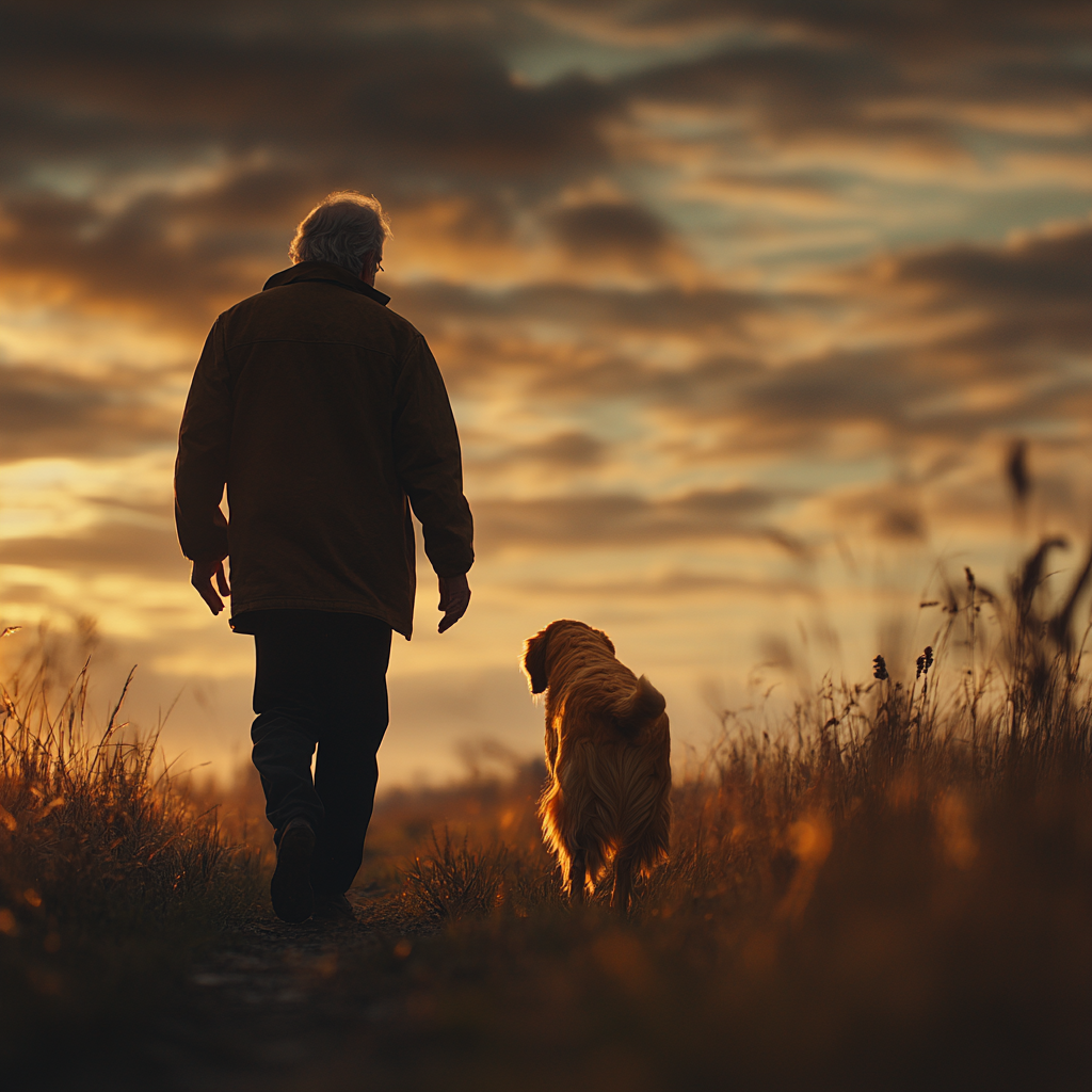 An old man and a golden retriever walking