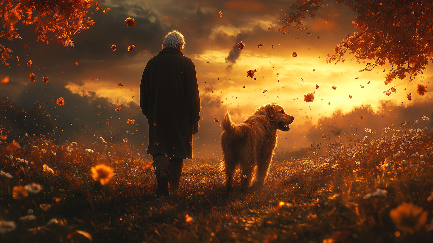 An old man and his dog walking in heaven