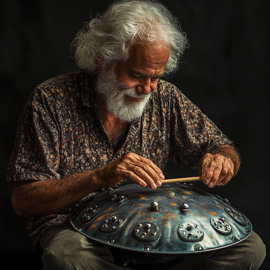 An old man plays on metal drum kit