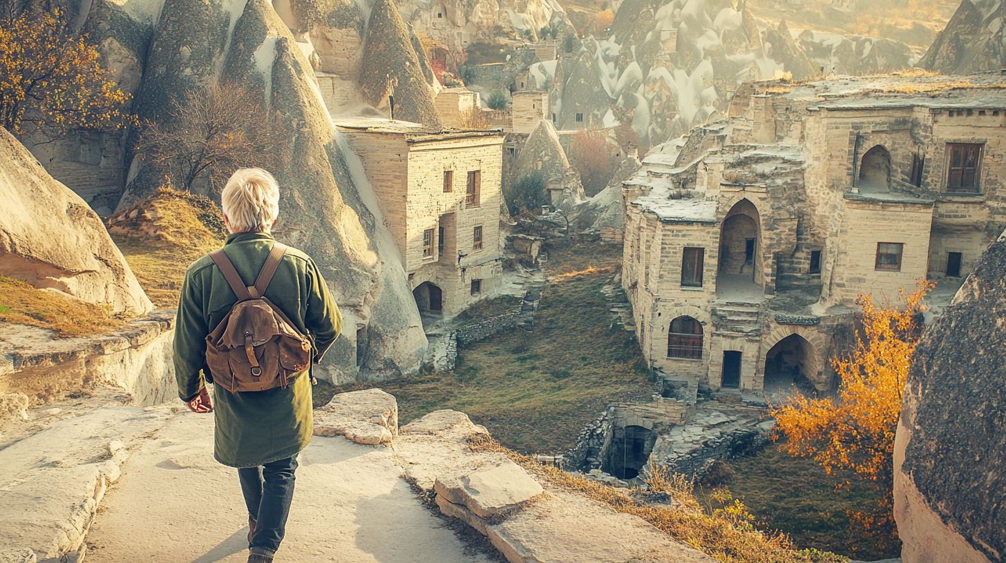 An old man walks through Cappadocia's warm colors.