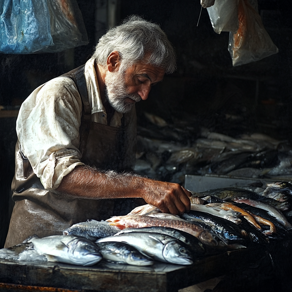 An old man with white hair works at fish counter