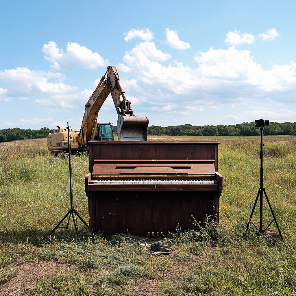 An old piano destroyed by an excavator