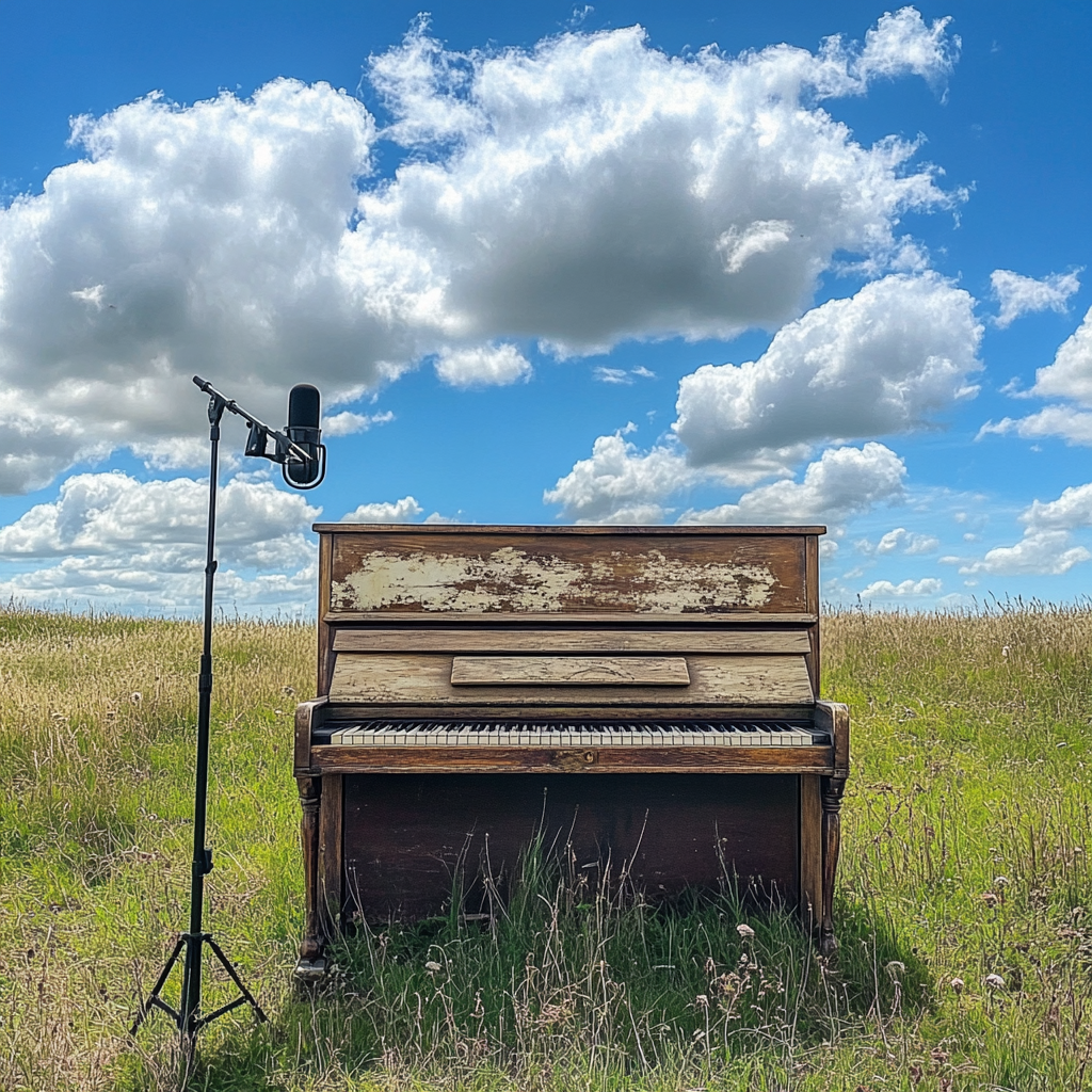 An old piano in grassy field, being lightly destroyed