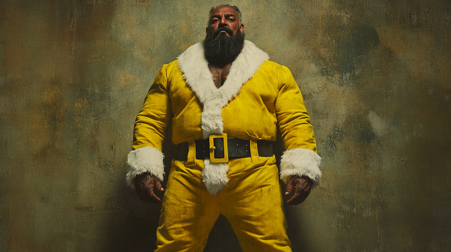 An old tough biker in yellow Santa suit.