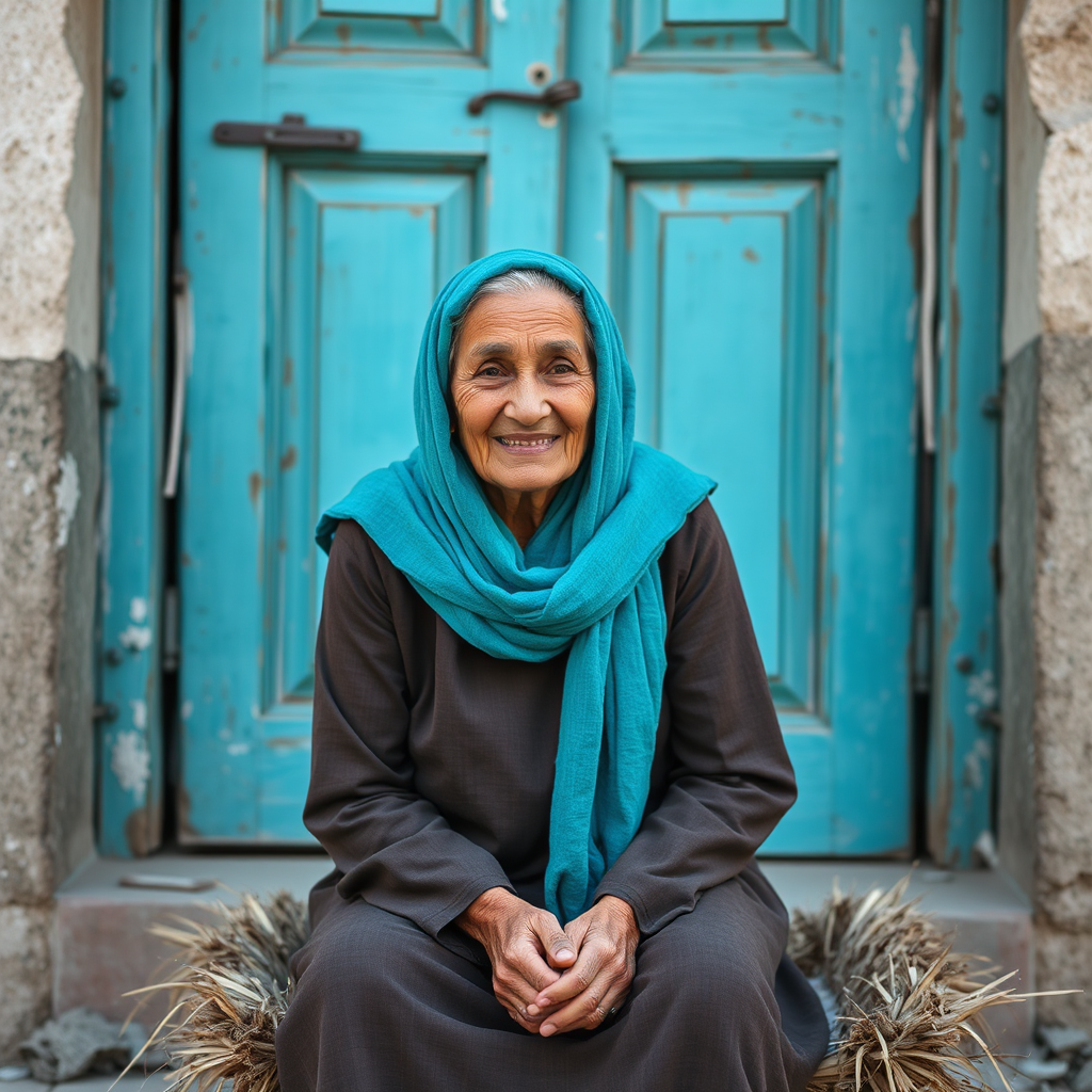 An old woman smiling in front of door.