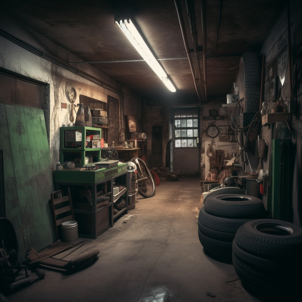 An old workshop with tires, tools, and machines