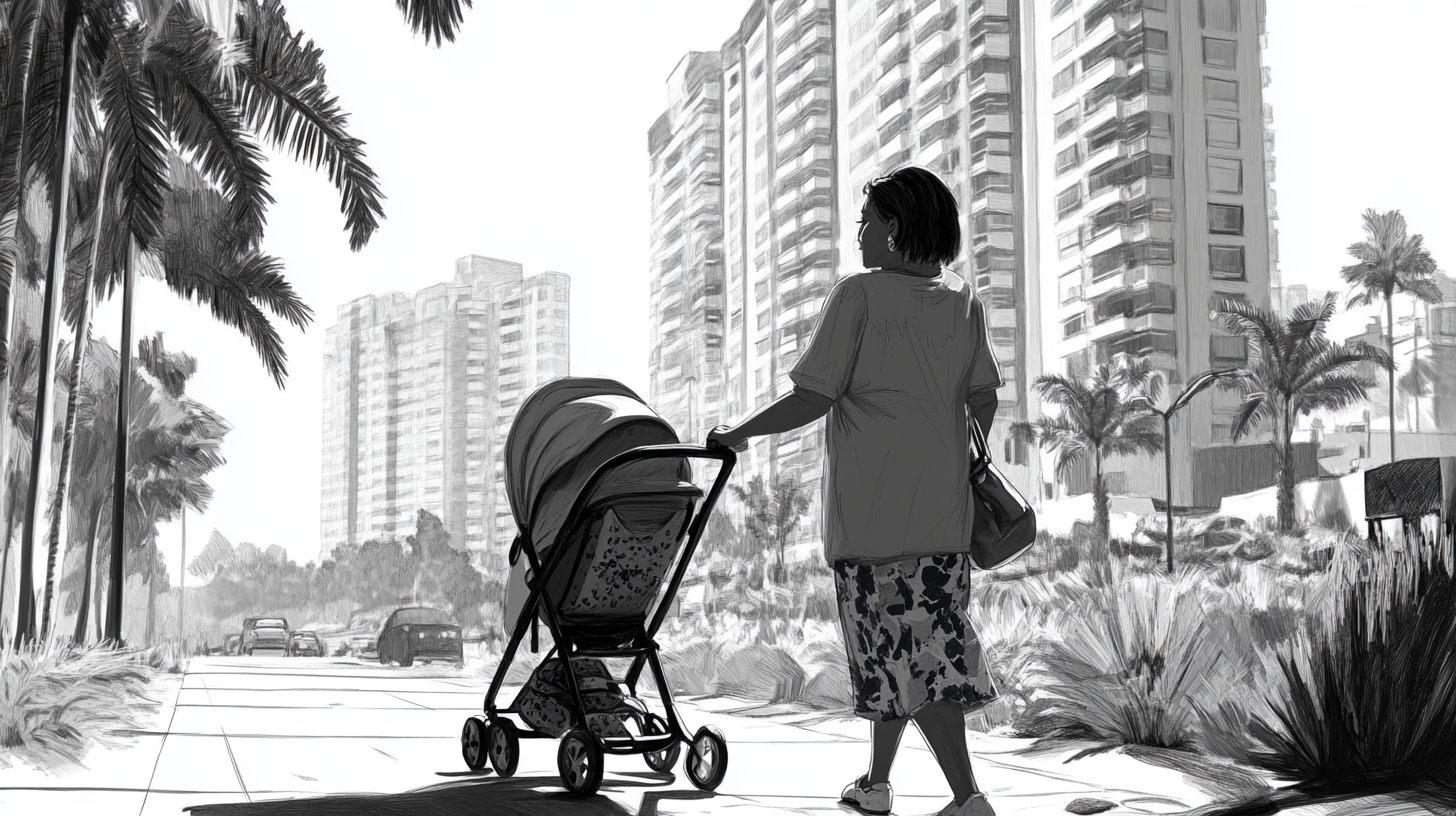 An older Latino mom pushing stroller on sidewalk