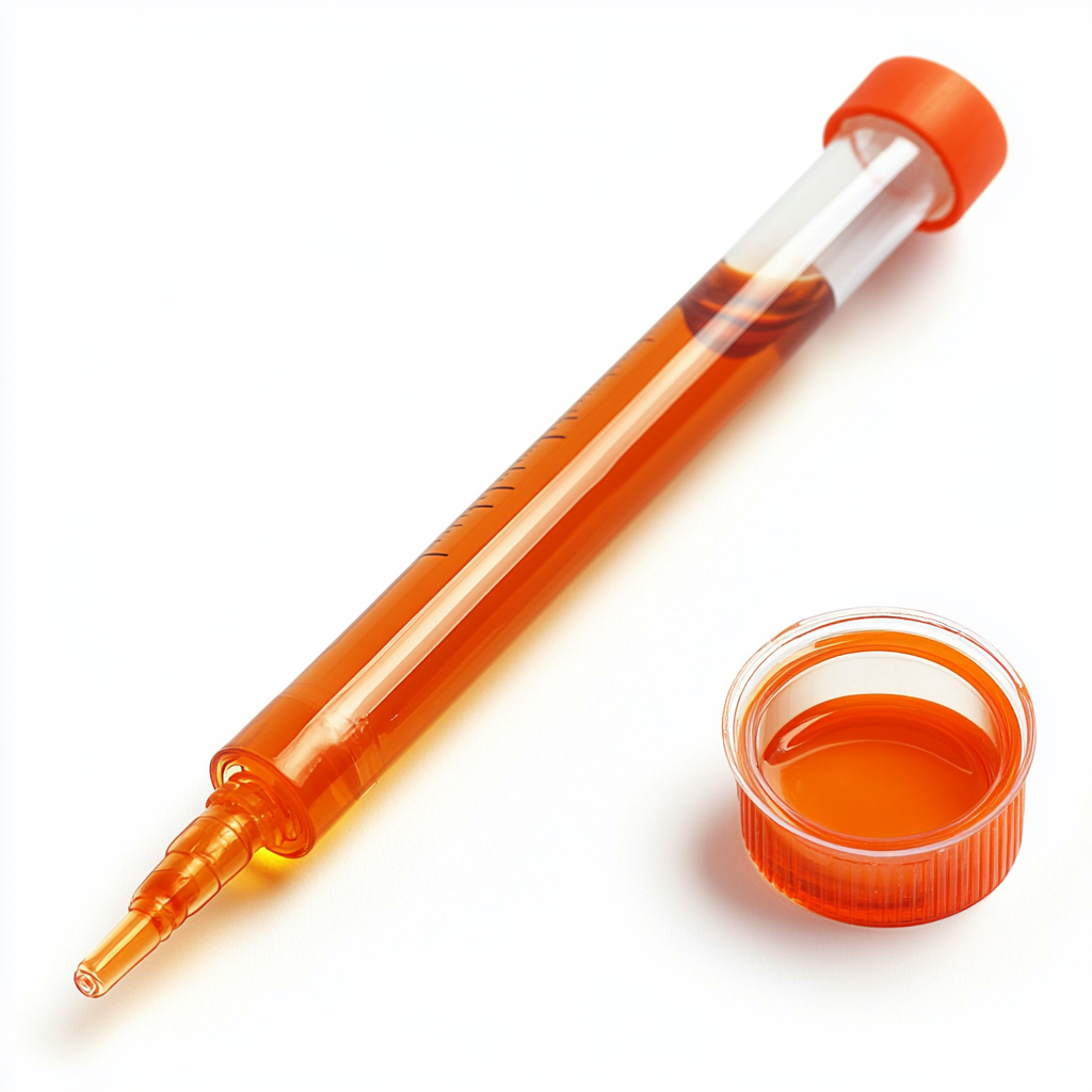 An orange liquid filled syringe next to cap