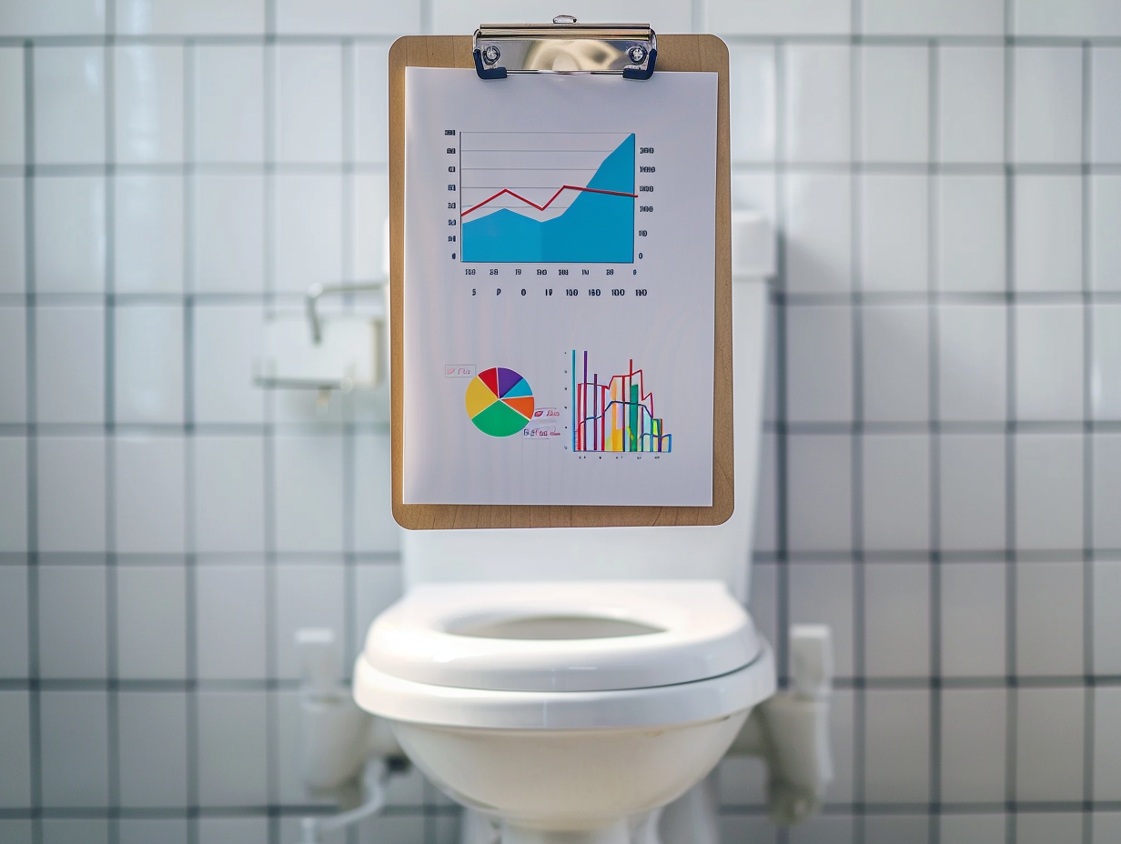 Analytics Report in Office Bathroom with Graphs