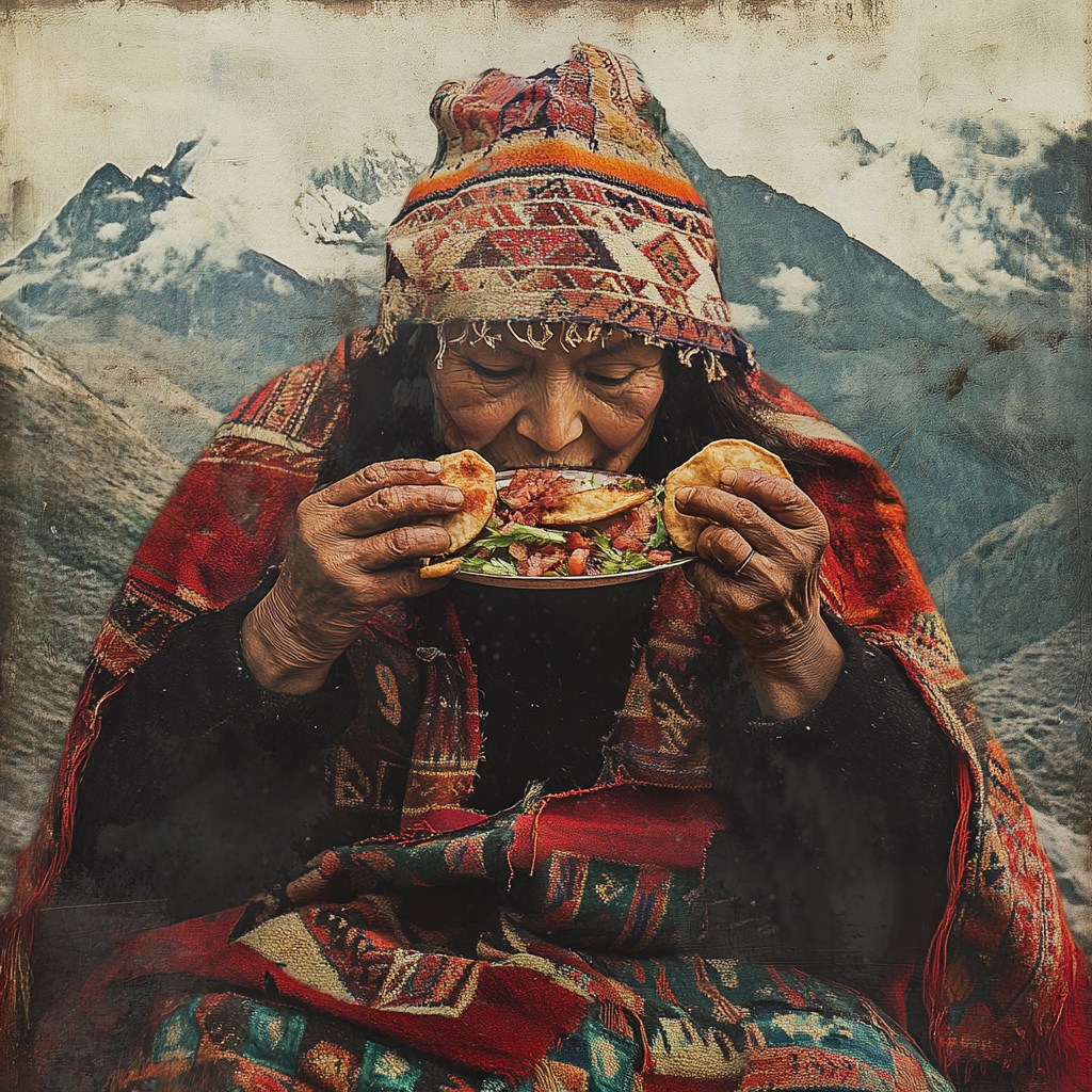 Ancient Andean woman eats empanadas by mountains