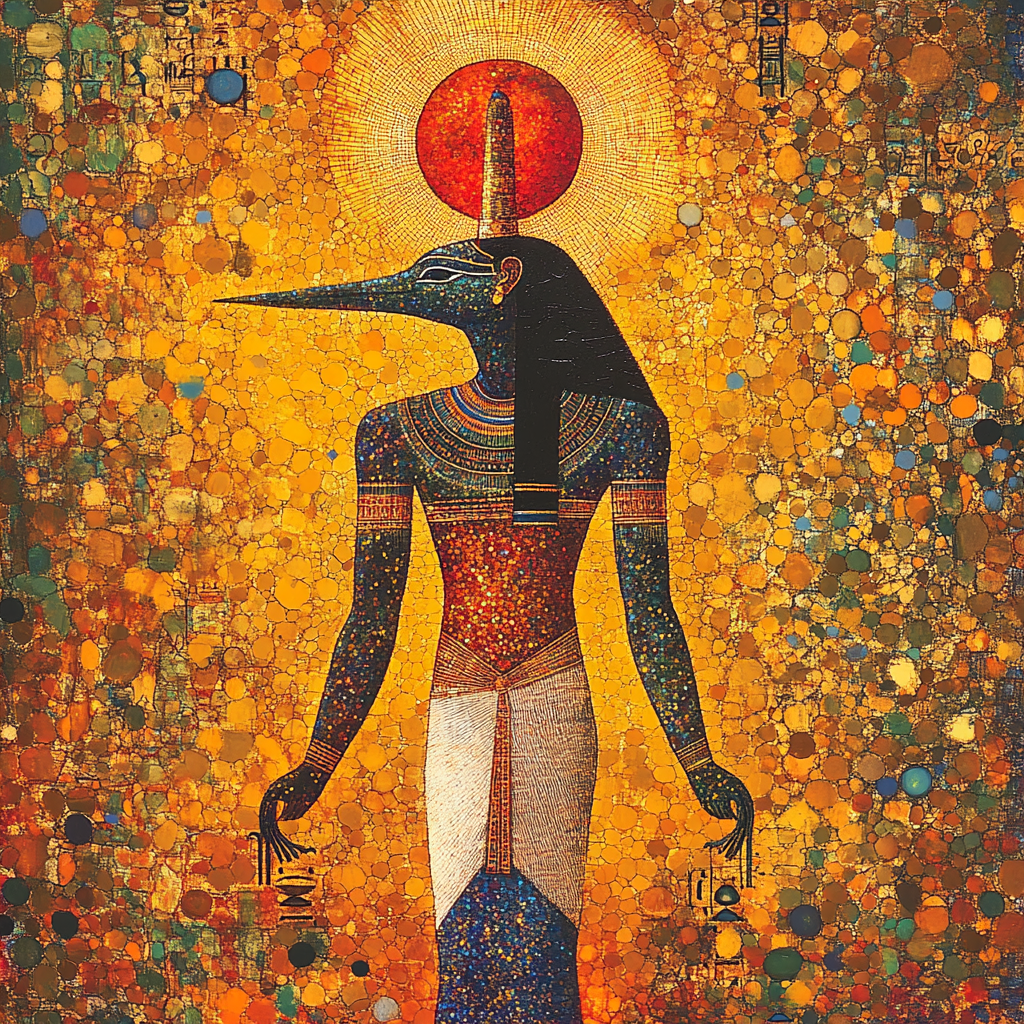 Ancient Egypt Sungod in Georges Seurat style painting.