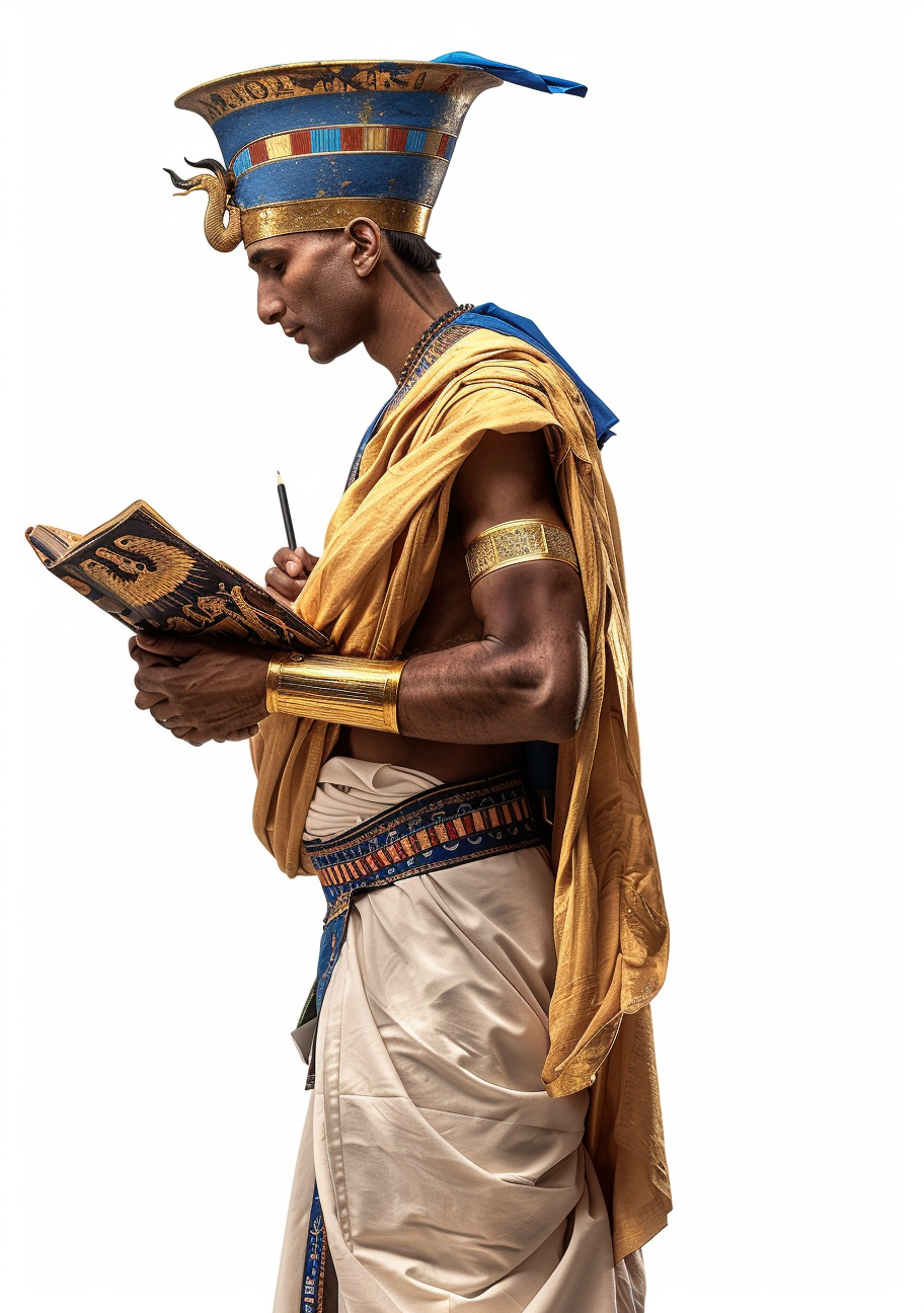 Ancient Egyptian man holding book in historical outfit.