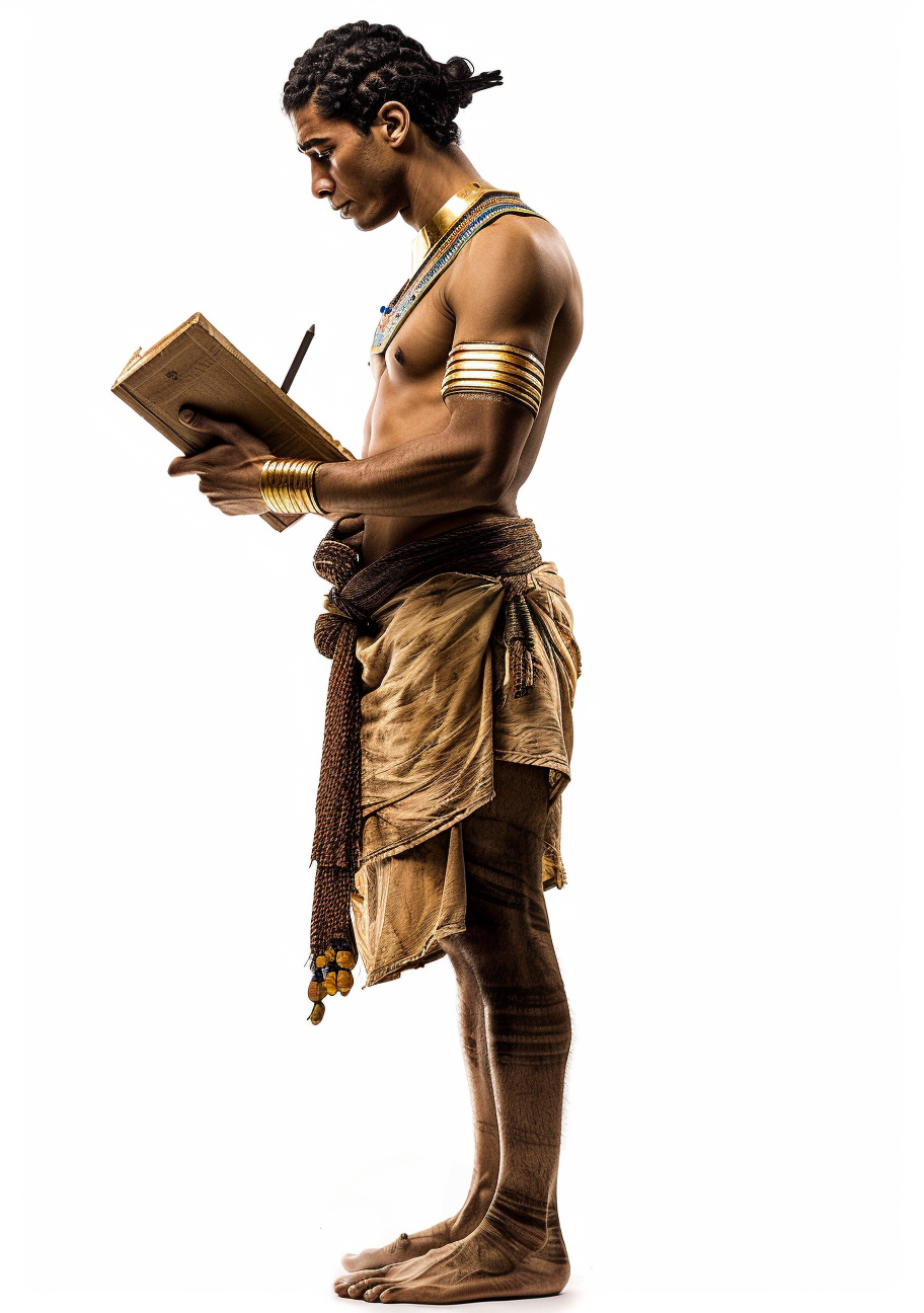 Ancient Egyptian man with book and stylus on white