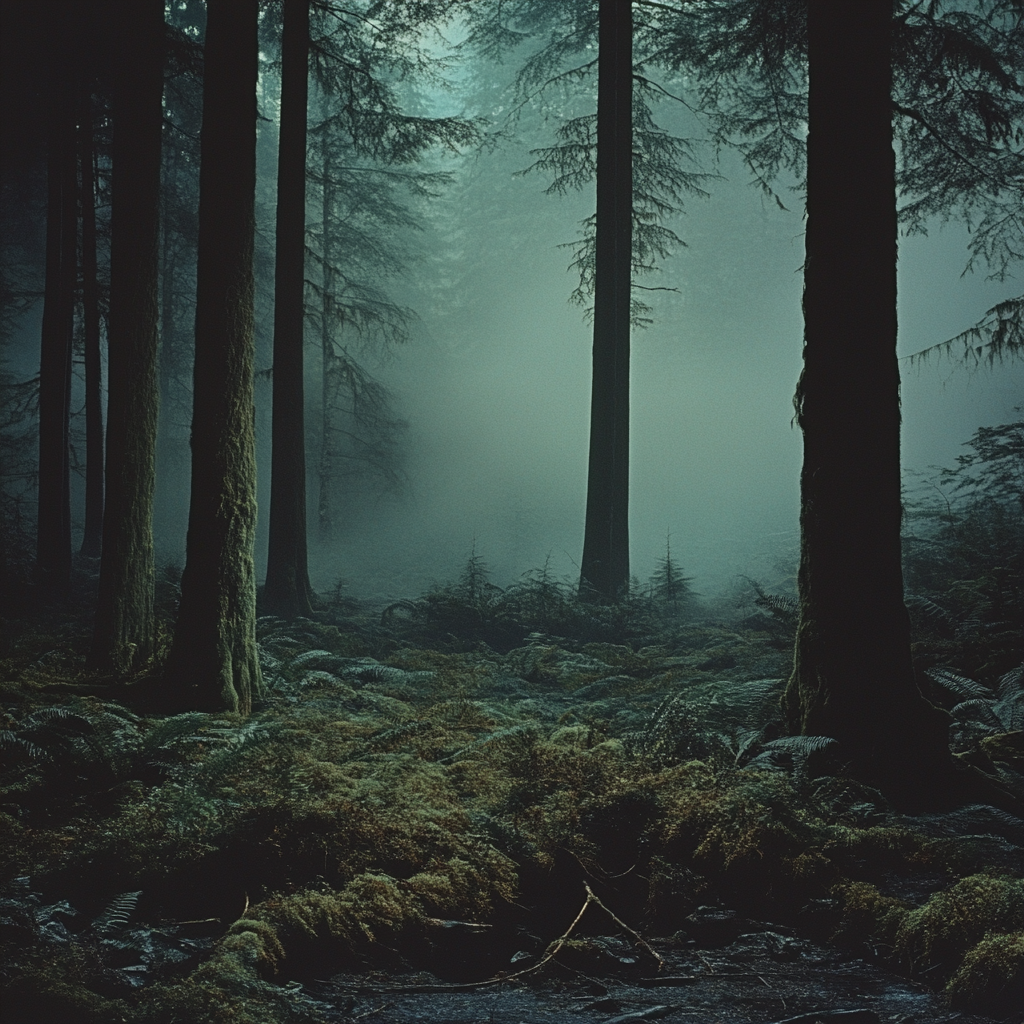 Ancient Evergreen Forest Night Scene with Creepy Vibes