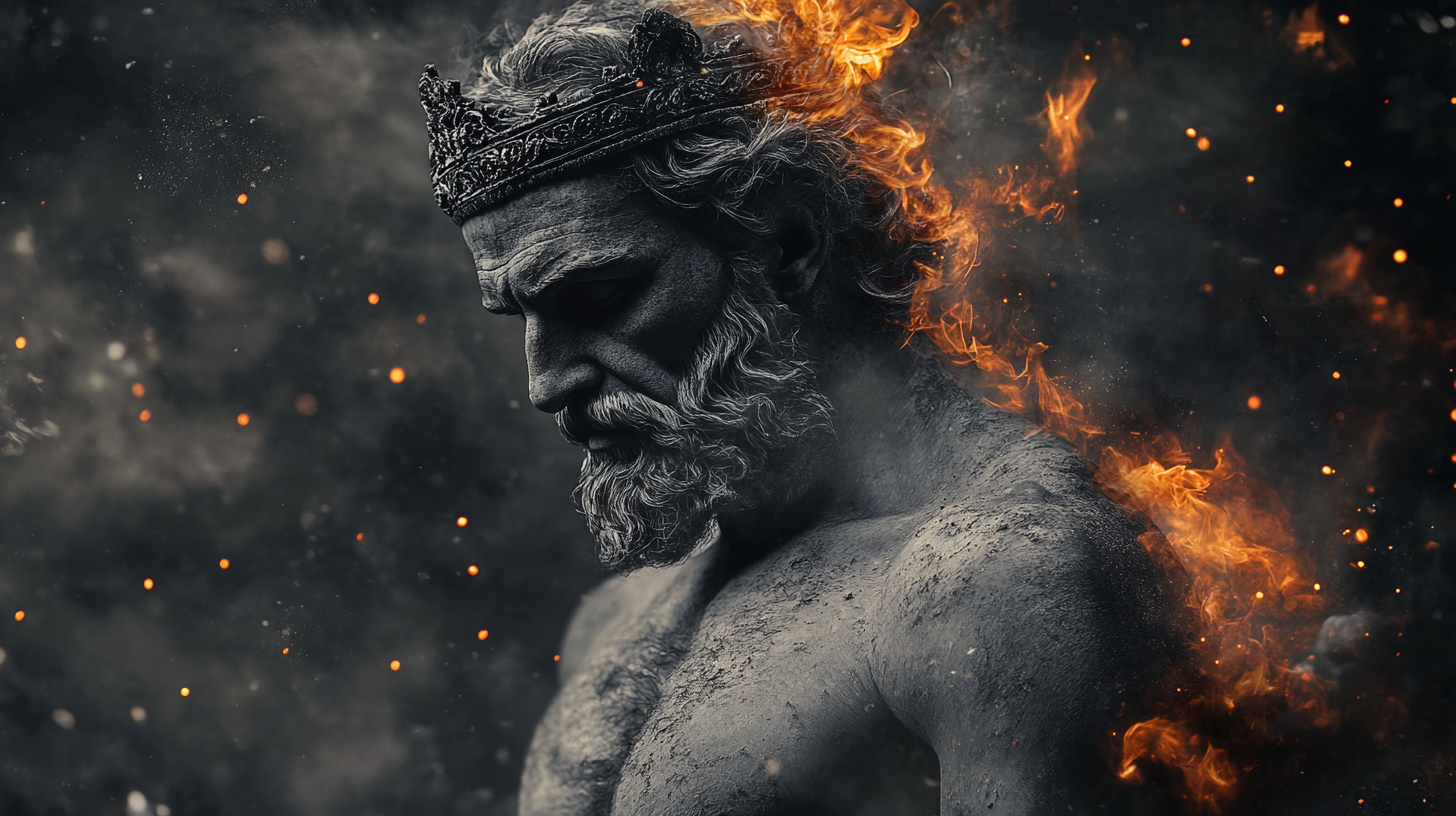 Ancient Greek philosopher wore crown, surrounded by flames. 