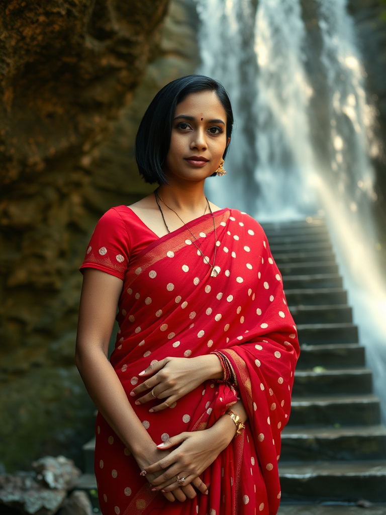 Ancient Indian Woman in Red Saree by Waterfall