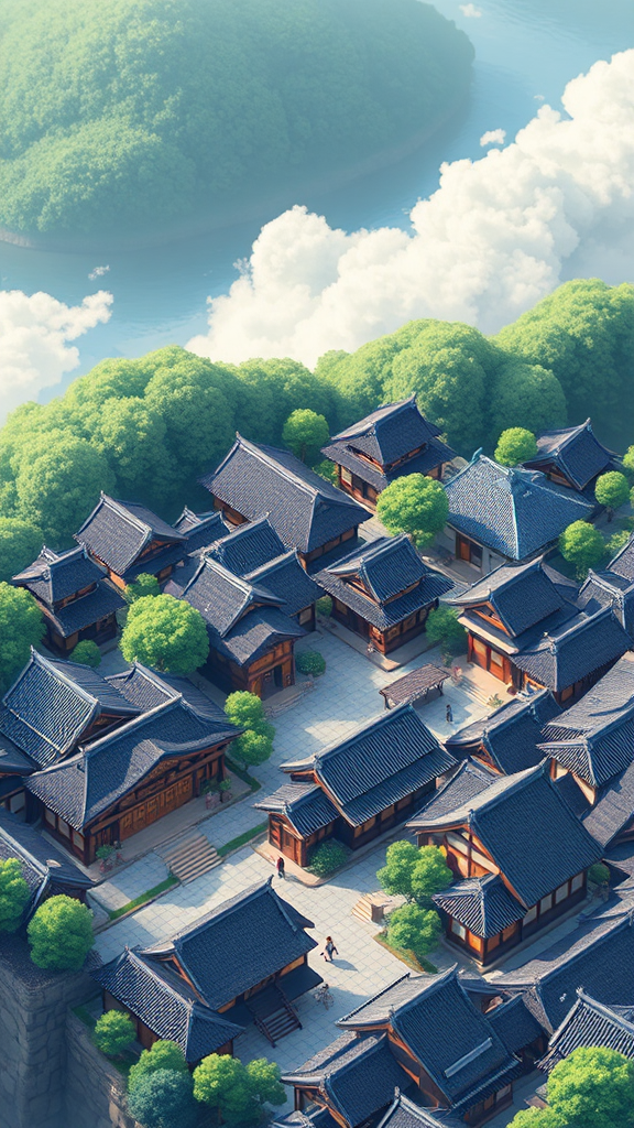 Ancient Japanese town in Pixar style, zoomed in.