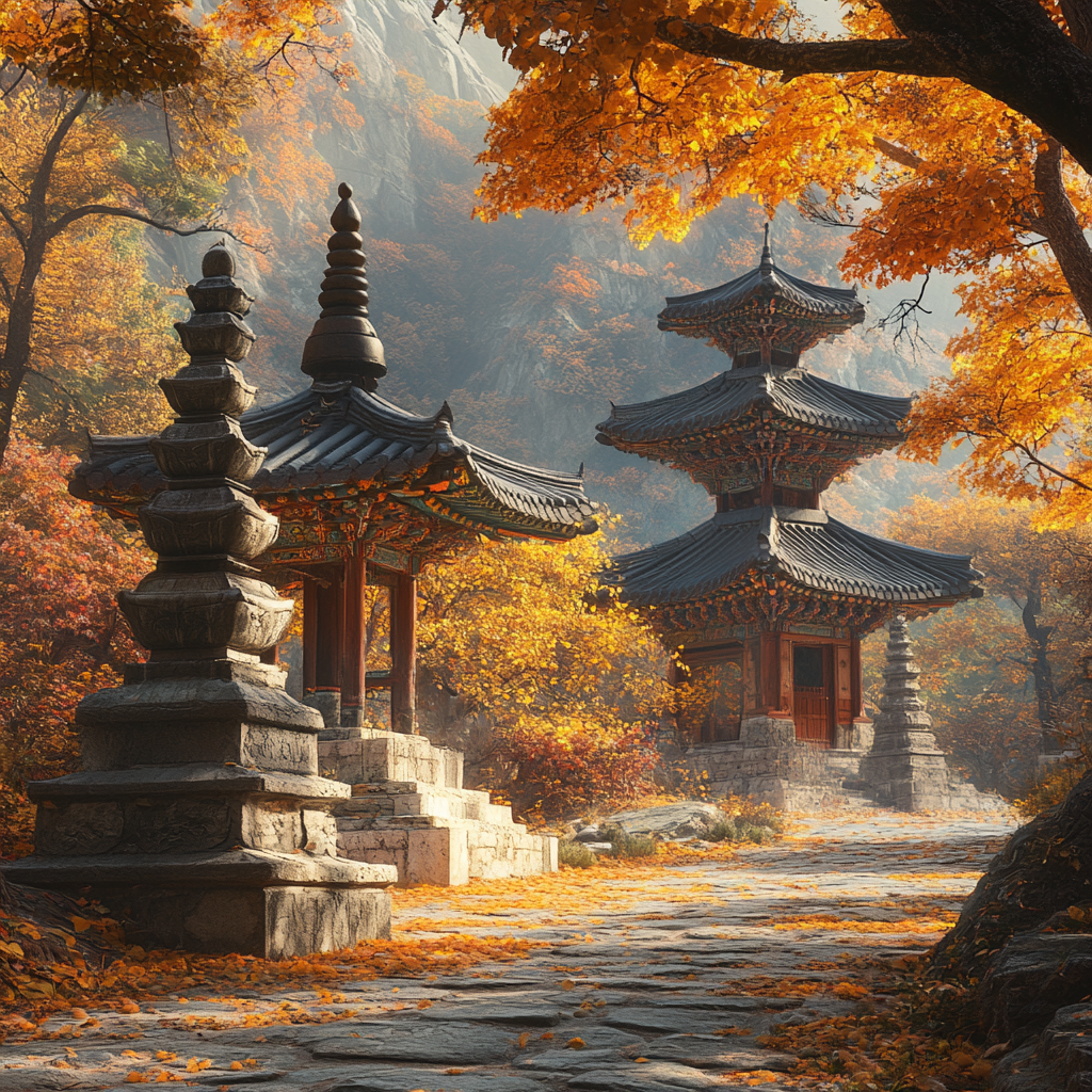 Ancient Korean temple with stone pagodas and Buddha statues in autumn forest