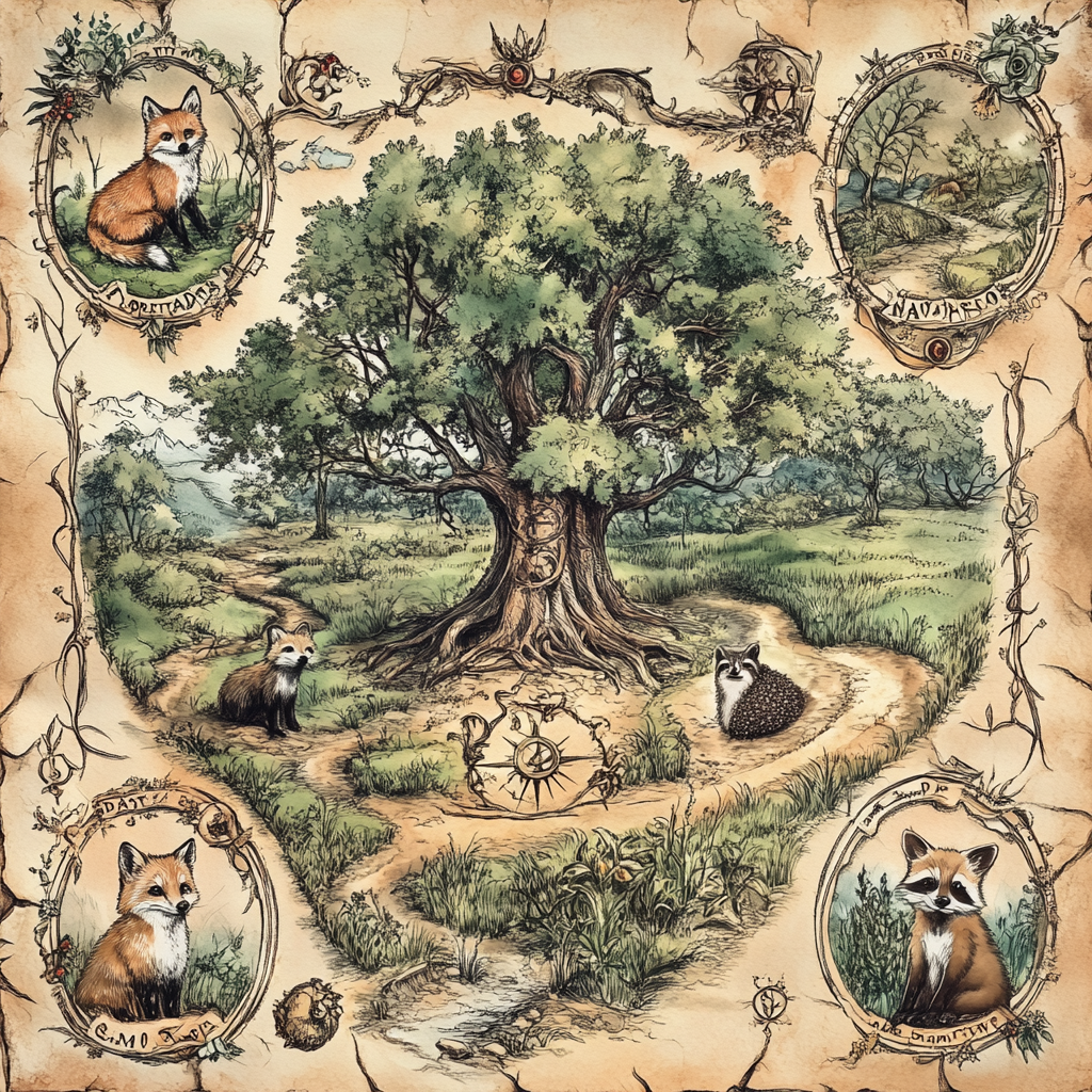 Ancient Magical Woodland Map with Four Animals