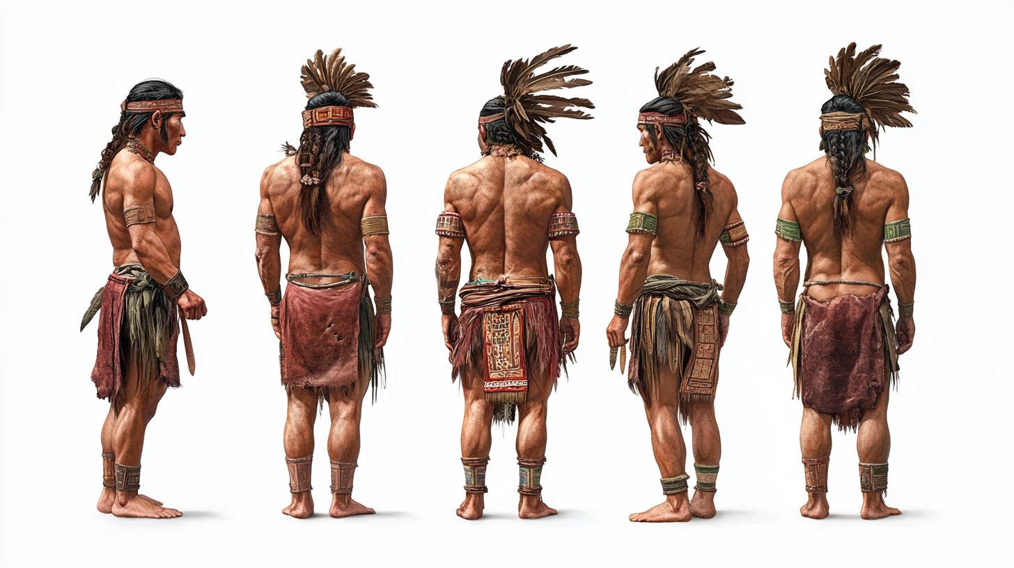 Ancient Mayan men in various directions on white background