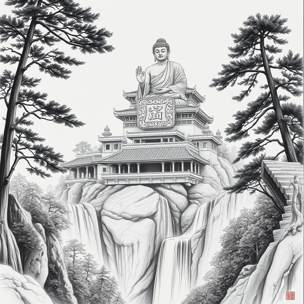 Ancient Temple with Buddha Statue Sketch