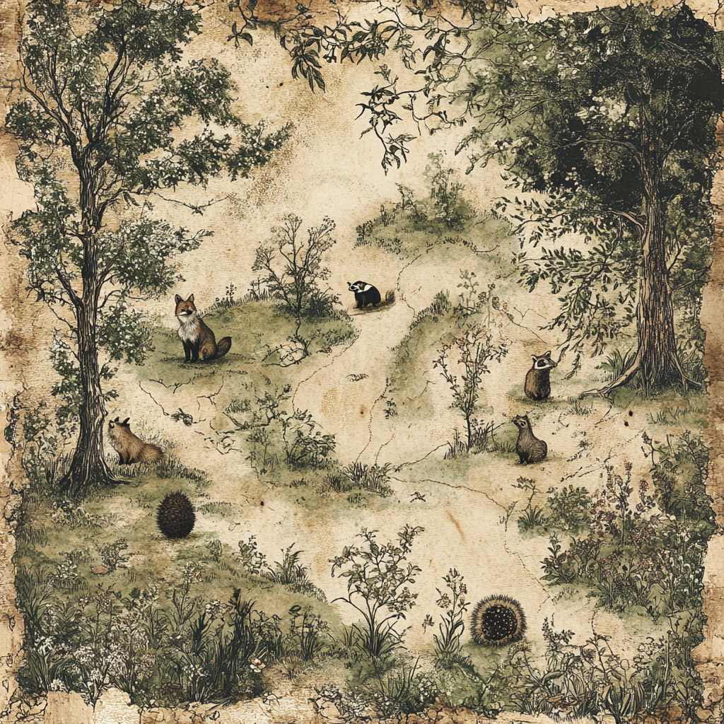 Ancient Woodland Map with Corner Animal Illustrations