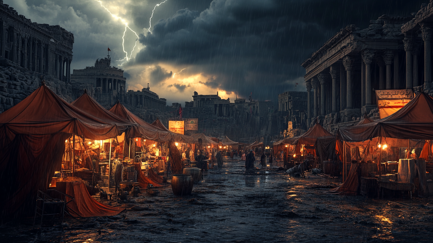 Ancient city at night: storm over marketplace