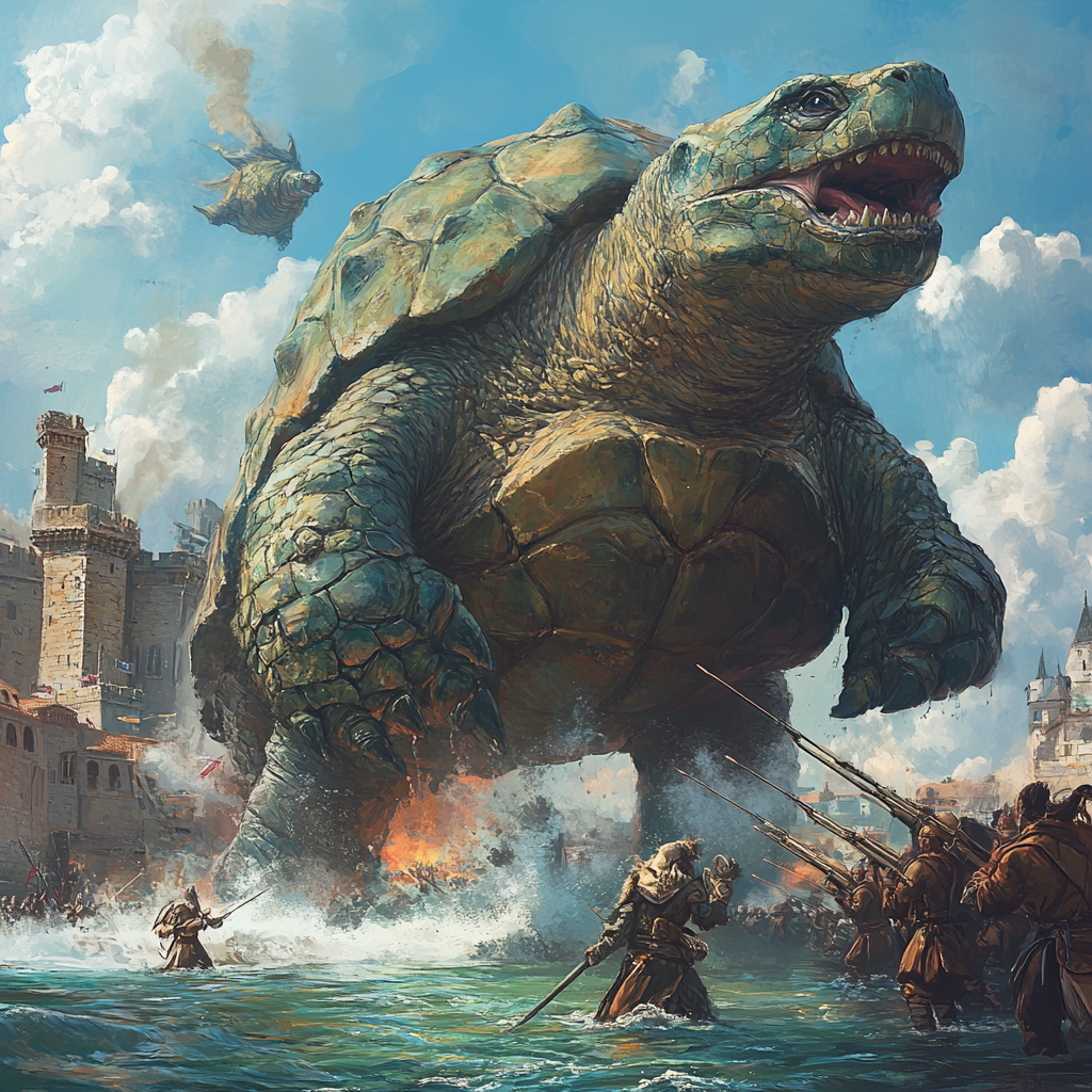 Ancient dragon turtle attacked port city with ballista.