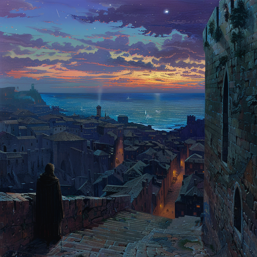 Ancient fortress overlooks city at twilight, lone figure