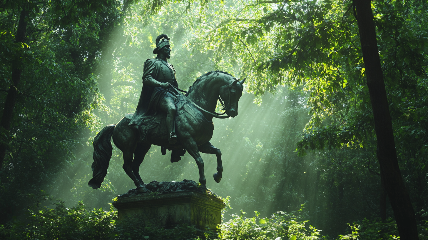 Ancient military leader statue under sunlight in forest