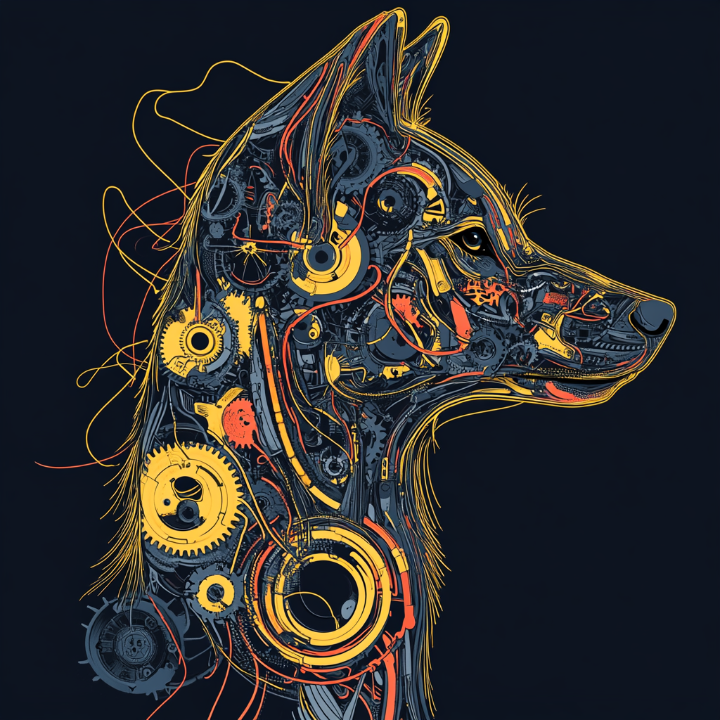 Ancient wolf head profile with colorful mechanical parts