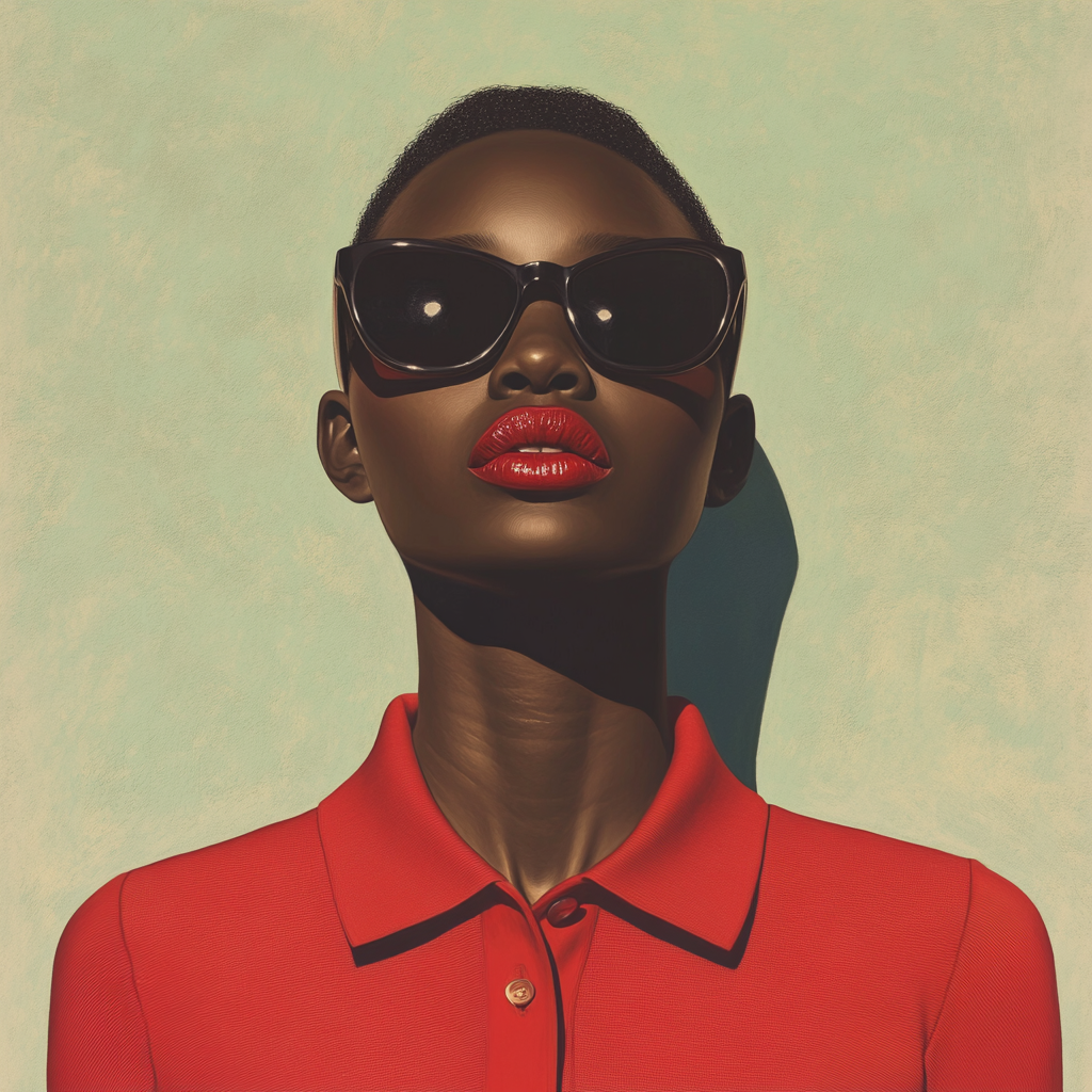 Androgynous woman in red shirt, sunglasses, vibrant portrait