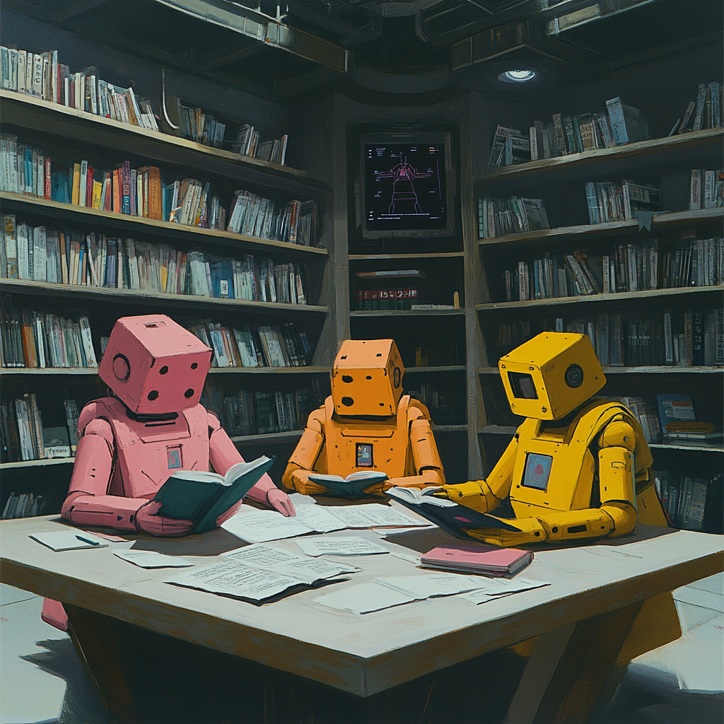 Androids at triangular table with AI-related books.