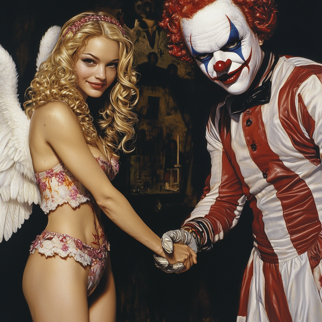 Angel Girl and Clown Shaking Hands Elegantly