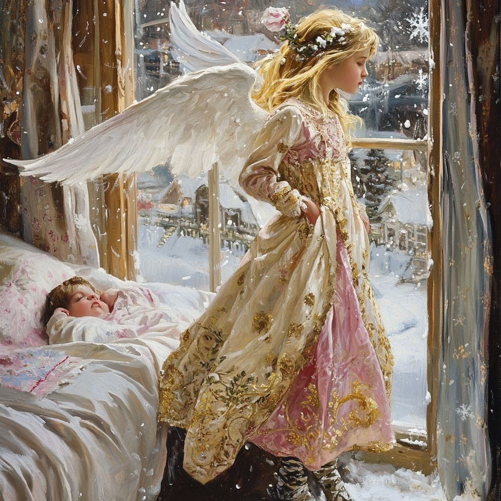 Angel watching child sleep through snowy window