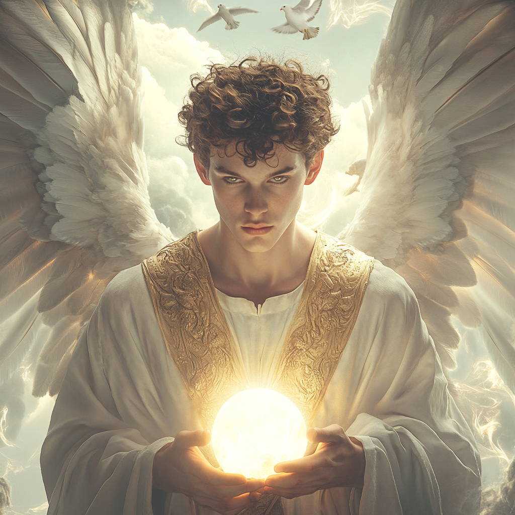 Angel with white wings, youthful face, celestial background