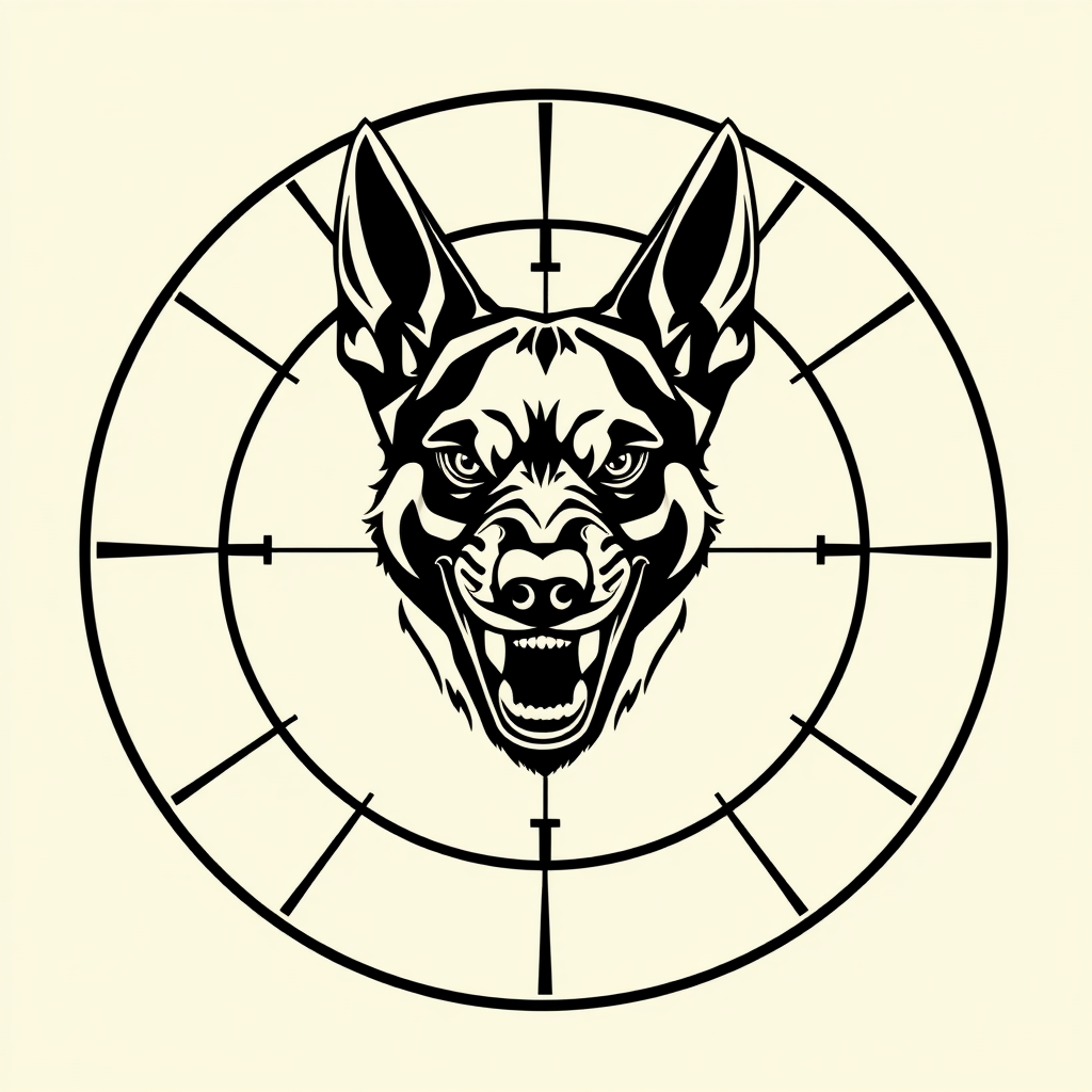 Angry Belgian Malinois Head in Scope Crosshairs Logo
