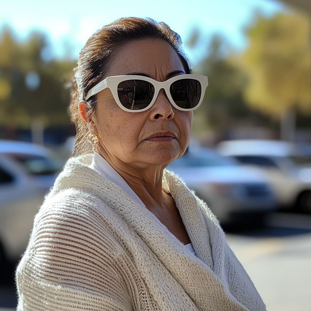 Angry Hispanic woman with white sunglasses in parking lot.