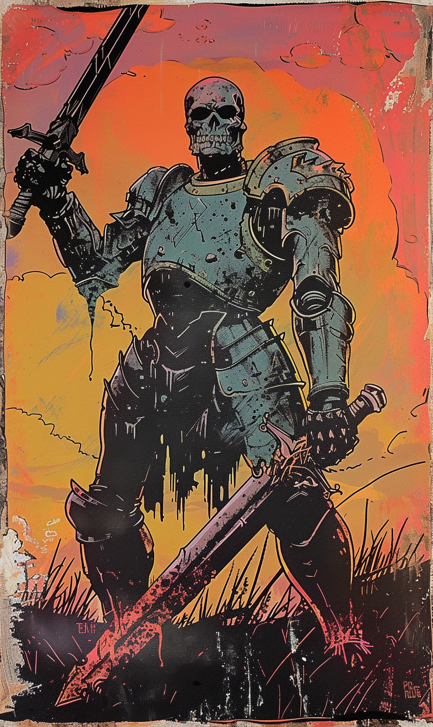 Angry Knight in Sunset Field: Vintage Trading Card