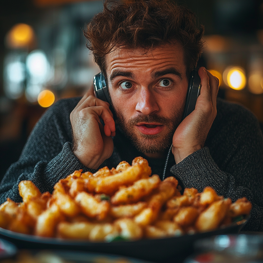 Angry man talking on phone about cold fries