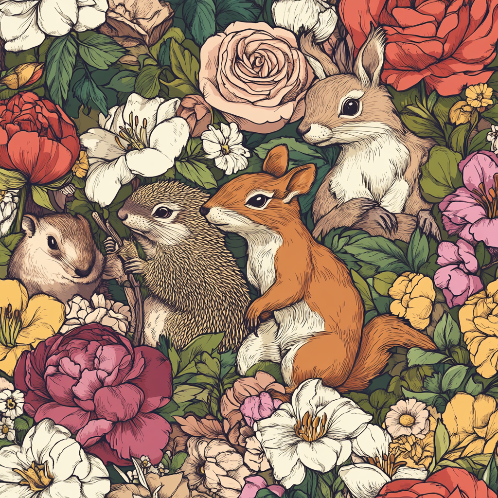 Animals Emerging from Floral Bouquets Pattern