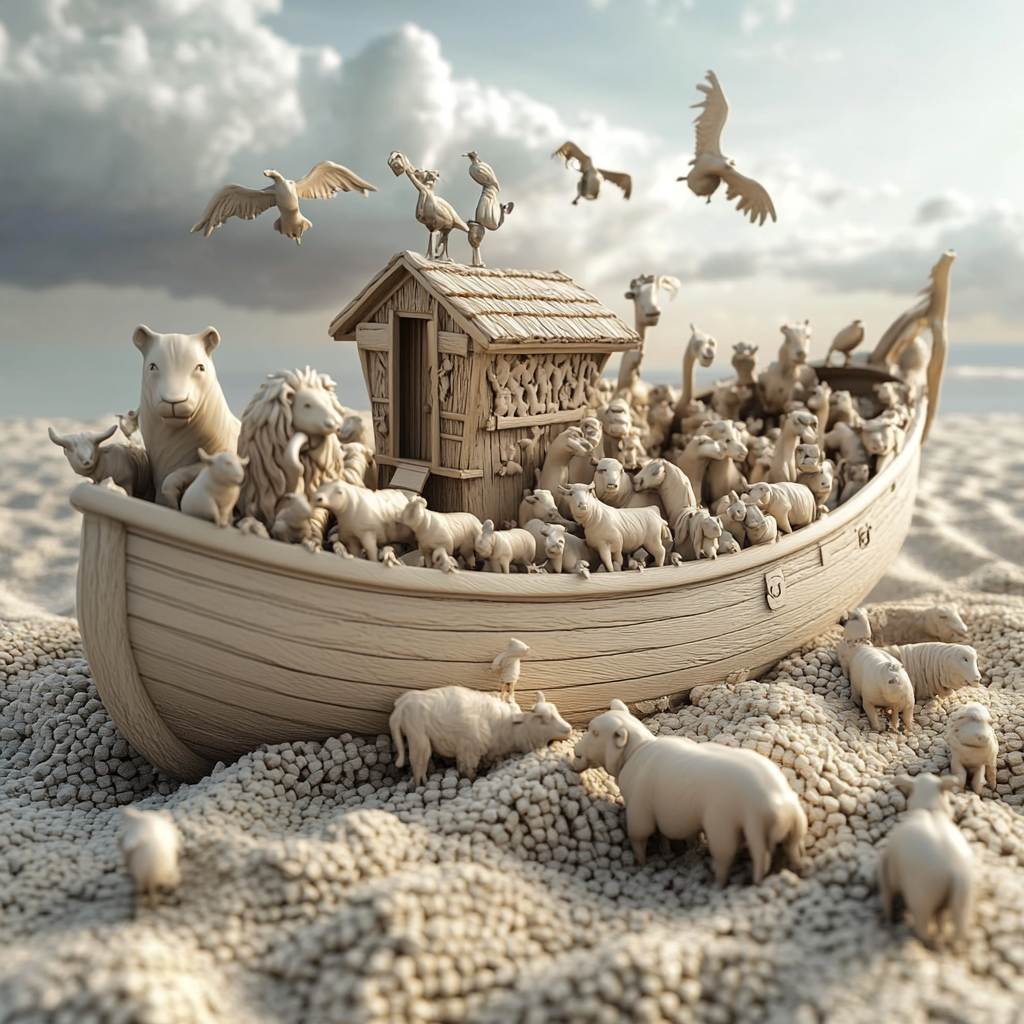 Animals boarding Noah's ark on land