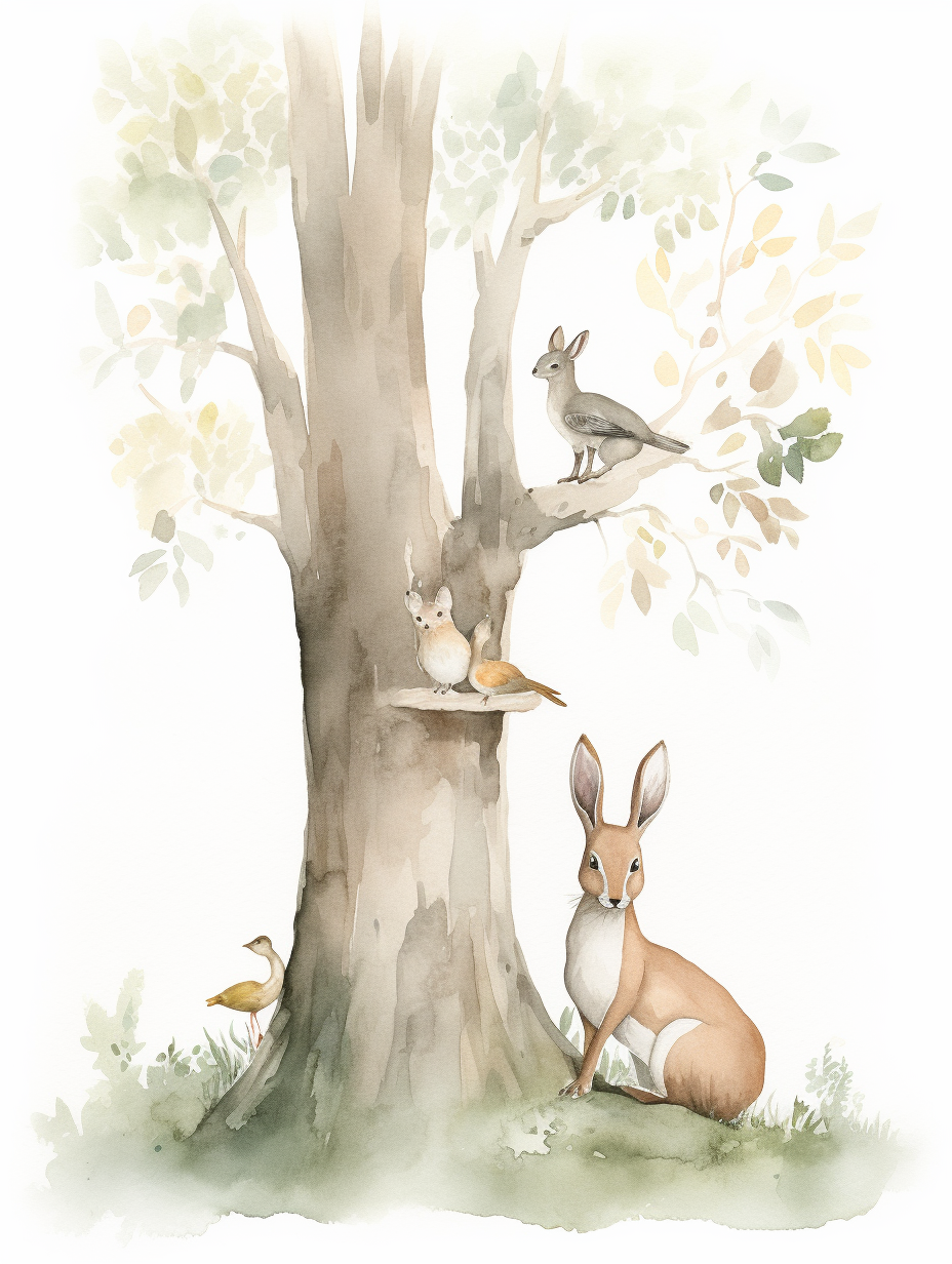 Animals in Forest: Watercolor Painting