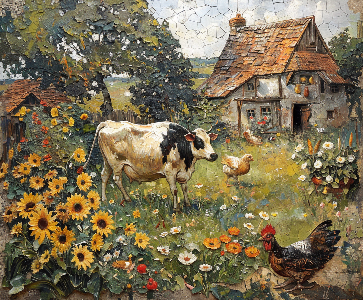 Animals in farmyard painting by Rousseau with style