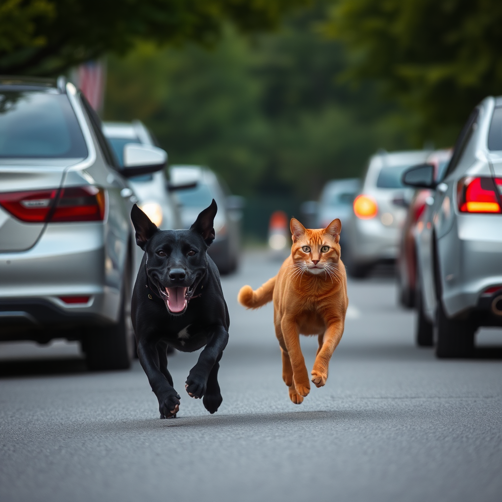 Animals run together. Black dog and red cat.